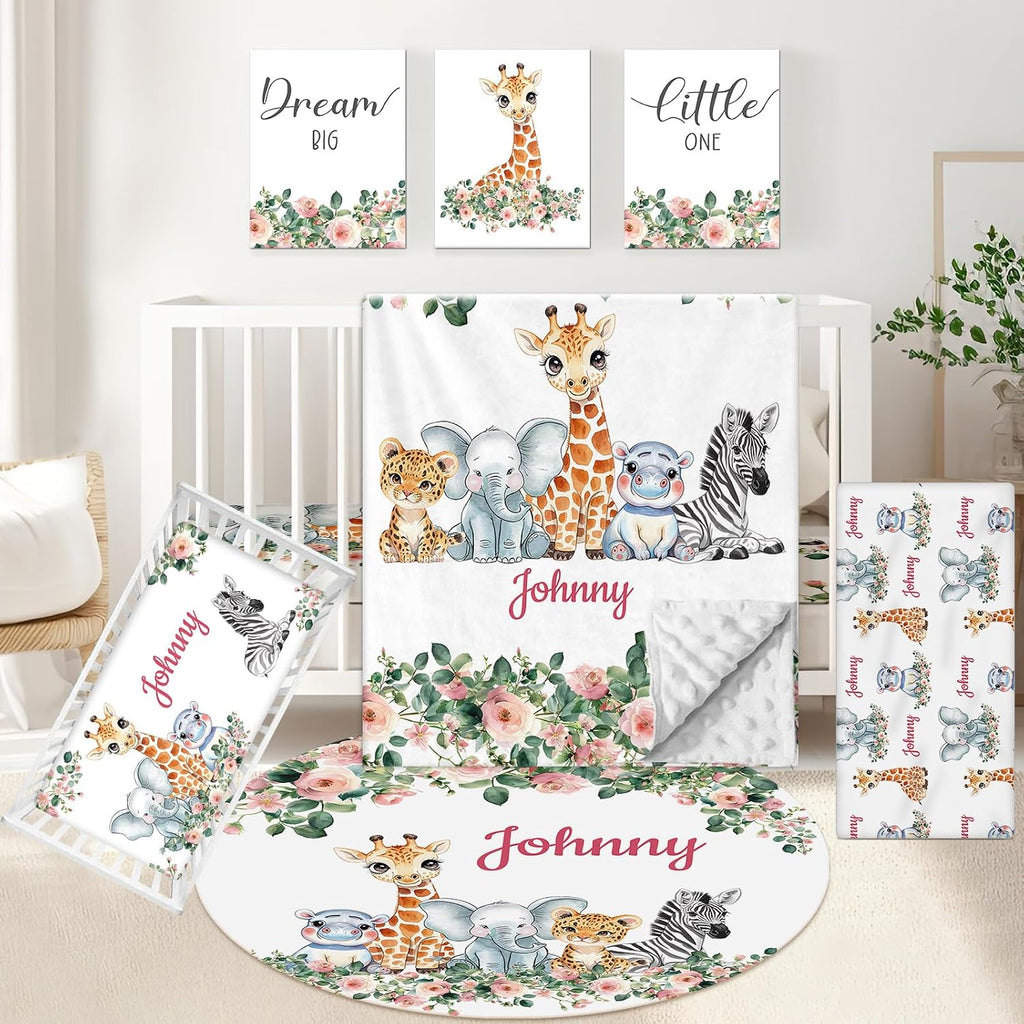 KAINSY Custom 5-Piece Baby Crib Bedding Set, Personalized Name for Kid Toddler, Animal Nursery for Boy Girl, Double Layer, Customized Gift for Infant