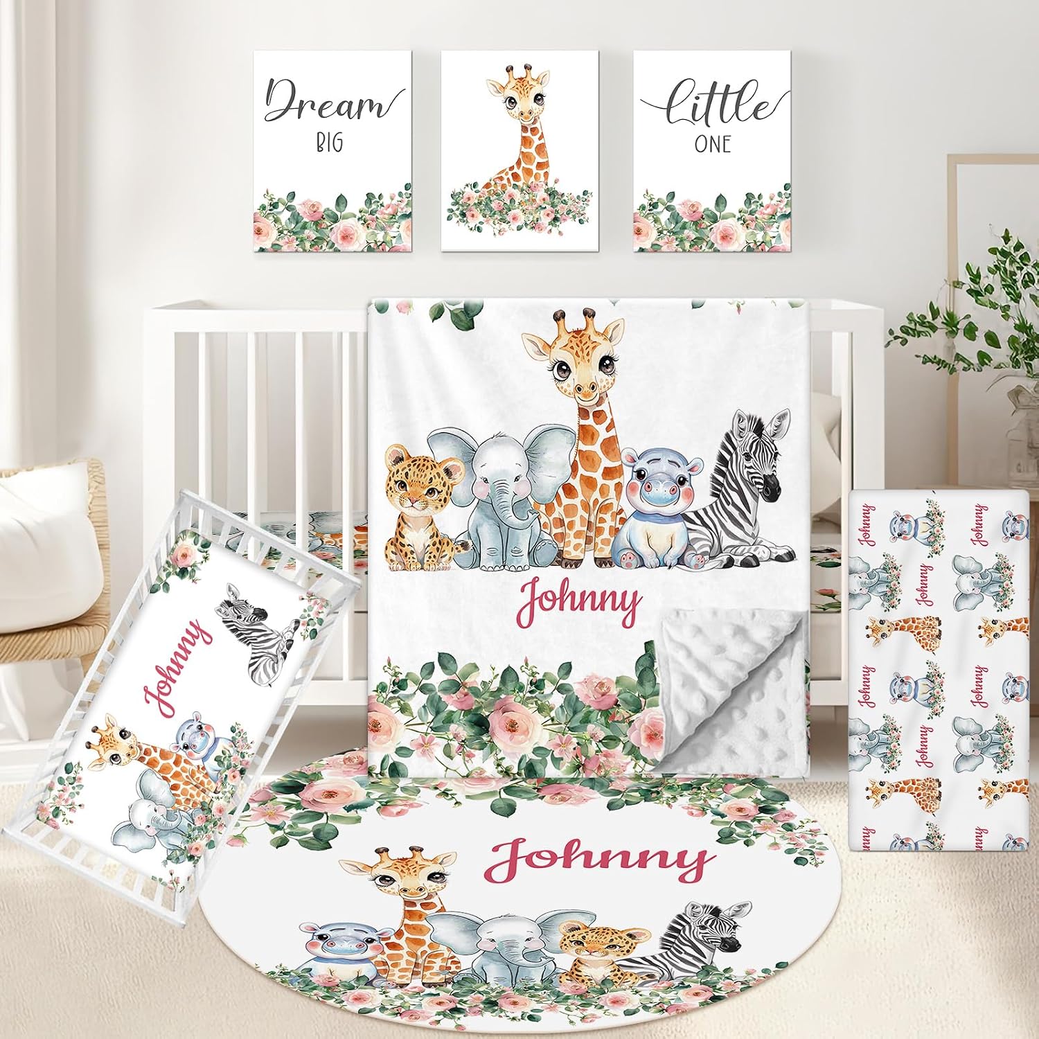 KAINSY Custom 5-Piece Baby Crib Bedding Set, Personalized Name for Kid Toddler, Animal Nursery for Boy Girl, Double Layer, Customized Gift for Infant