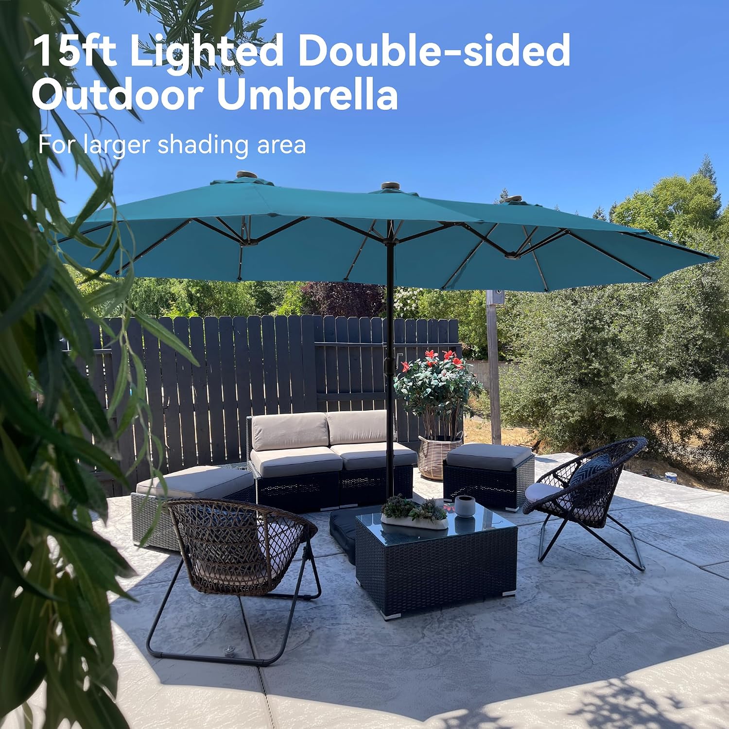 PHI VILLA 15ft Large Patio Umbrella with Solar Lights, Double-Sided Outdoor Market Rectangle Umbrellas with 36 LED Lights, Umbrella Base (Stand) Included, Cyan