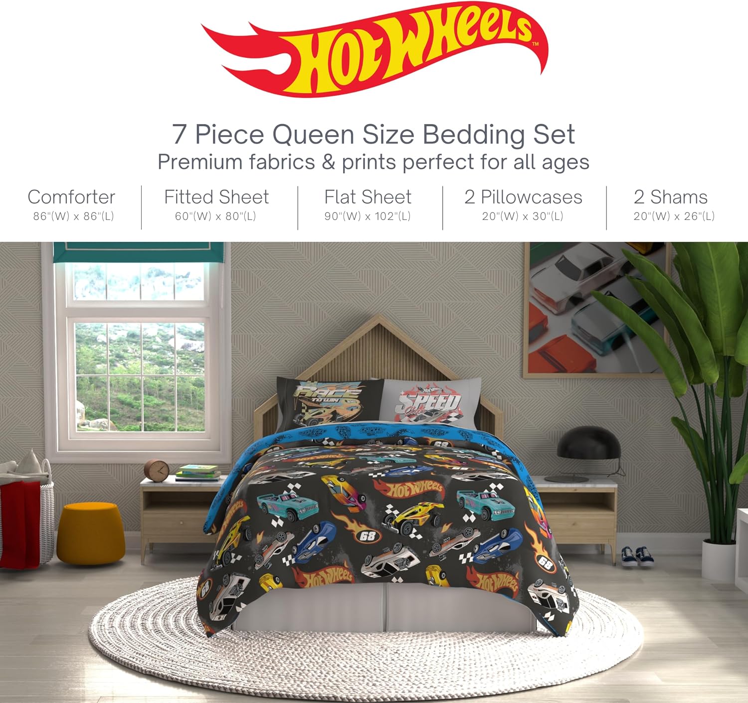 Hot Wheels Kids Bedding Super Soft Comforter and Sheet Set with Sham, 7 Piece Queen Size, (Officially Licensed Product) By Franco
