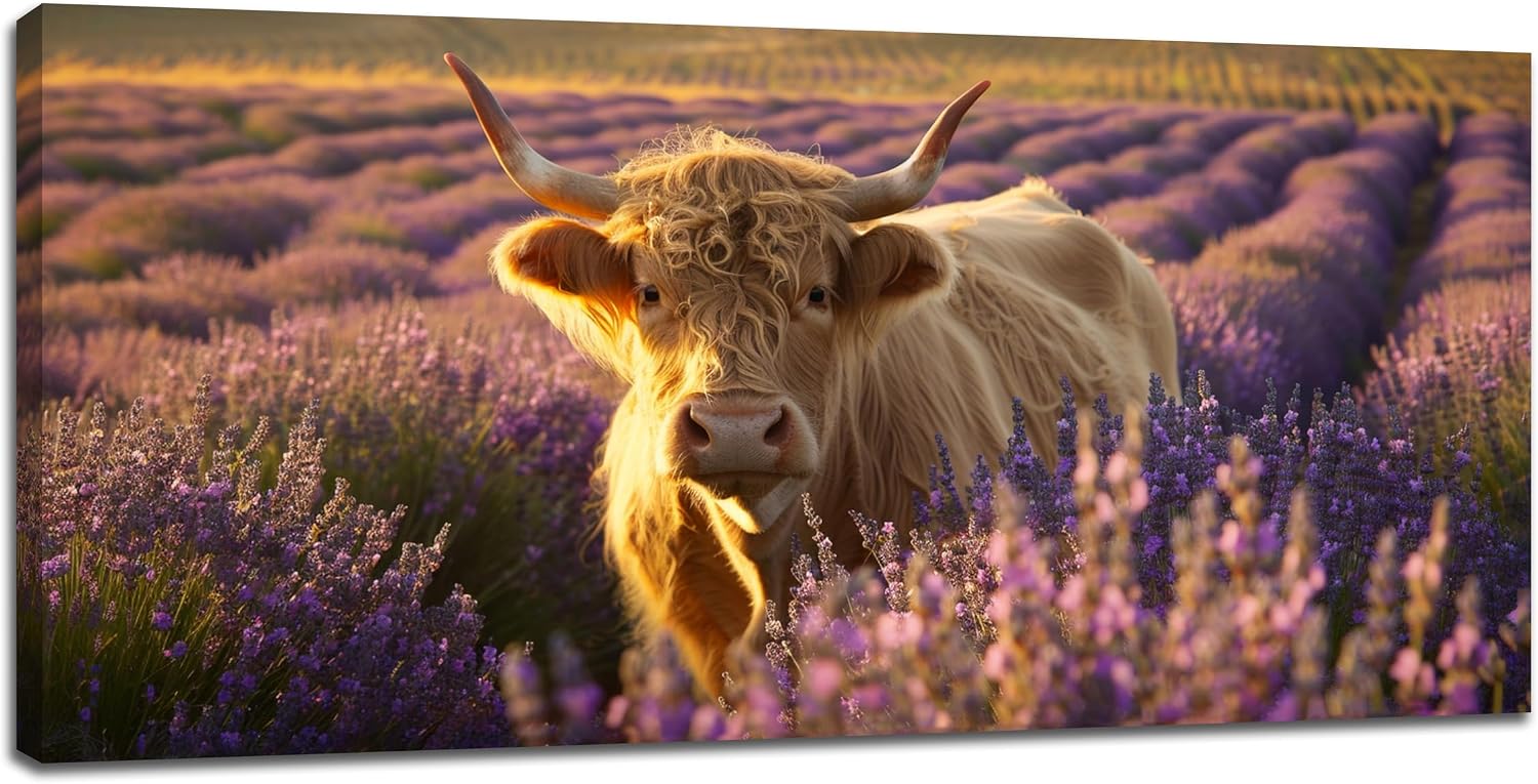 Large Highland Cow Wall Art Lavender Cow Pictures Wall Decor Country Landscape Cattle Canvas Painting Print Home Modern Artwork Decorations Framed for Bathroom Living Room Bedroom Office 60 x 30 inch
