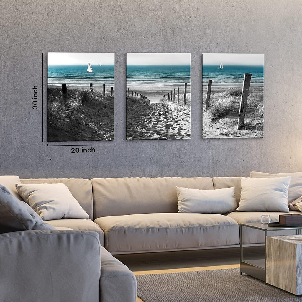 Beach Coastal Wall Art Blue Ocean Landscape Wall Decor for Living Room Bathroom Black and White Scenery Canvas Prints Pictures Seascape Sand Dune Paintings Artwork Office Home Decorations 16x24' 3 Pcs