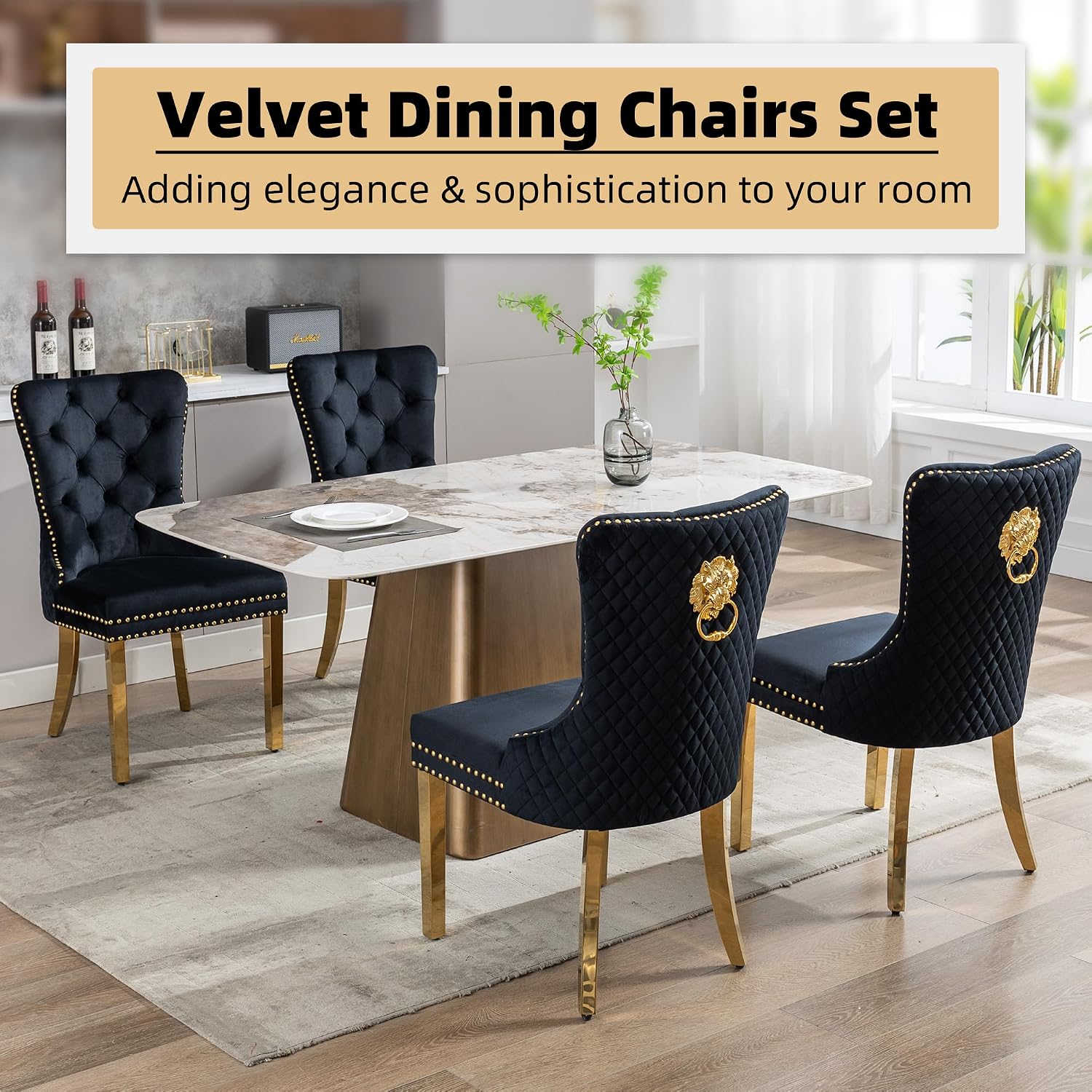 Velvet Dining Chairs Set of 4, Upholstered Dining Room Chairs, Mid-Century Modern Chairs with Diamond Lattice Tufted Back, Lion Pull Ring Rivet Trim, Golden Metal Legs for Kitchen, Black