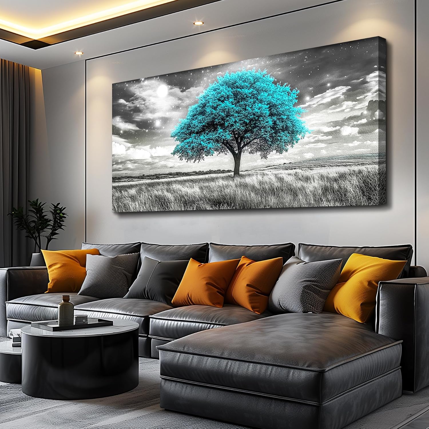 KELIYUAN Large Canvas Wall Art For Living Room Wall Decor For Bedroom Corridor Blue Tree Natural Scenery Full Of Stars Black And White Modern Printing Dining Room Kitchen Home Decoration 30 'X 60'