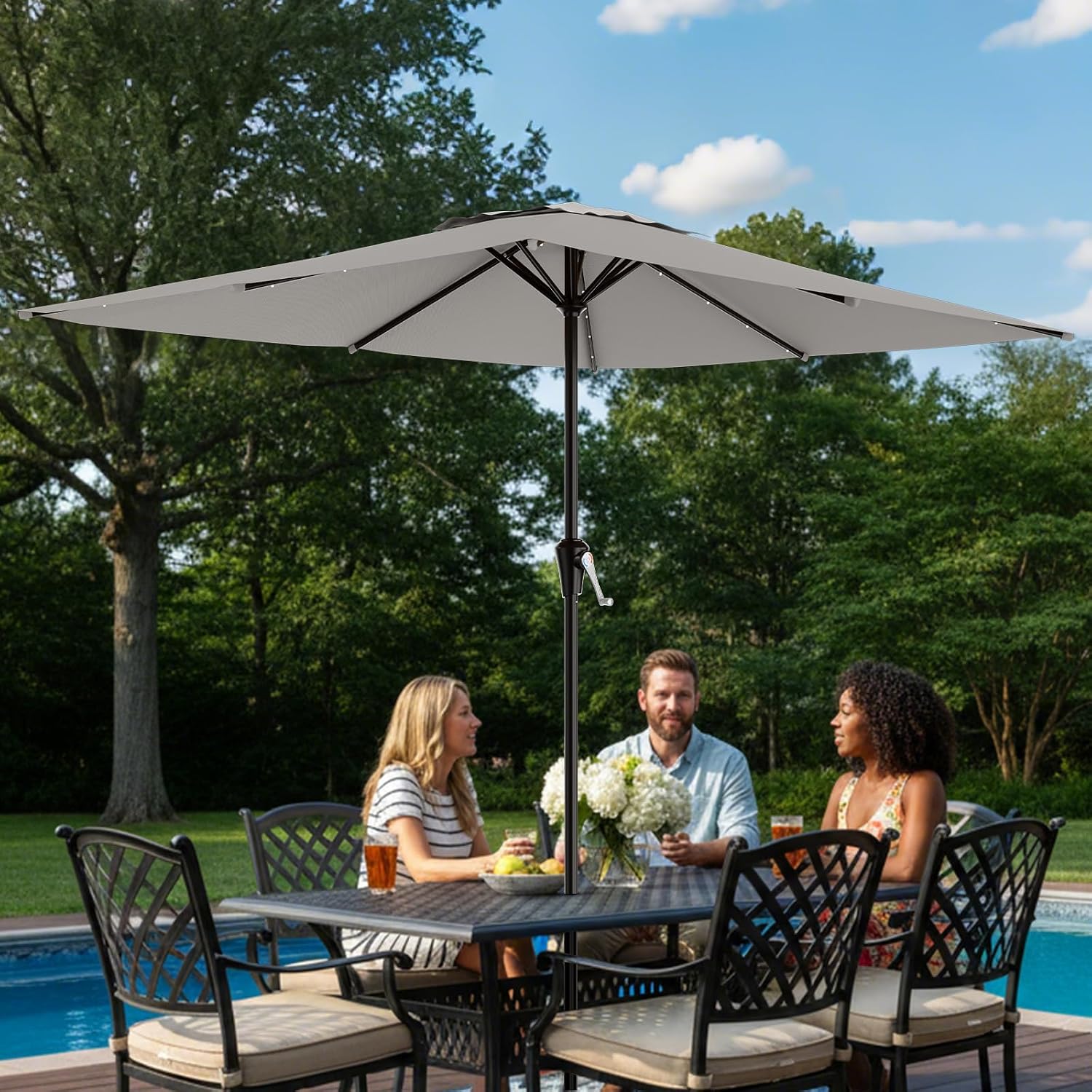 AreShark 8' X 10' Rectangular Patio Umbrella with Solar Lights, Lighted Solar Umbrella with Crank, Outdoor Table Umbrella for Garden, Deck, Backyard, Pool and Beach, Light Gray