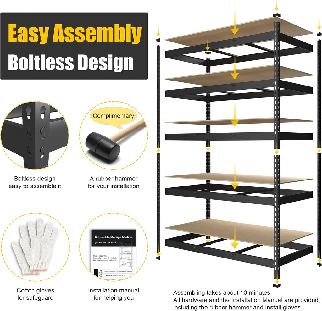 PrimeZone 2 Pack Heavy Duty Storage Shelves - 47'W x 18'D x 71'H 5 Tier Adjustable Garage Storage Shelving, Metal Utility Rack Organizer Shelf Unit for Warehouse Pantry Closet Kitchen Basement, Black