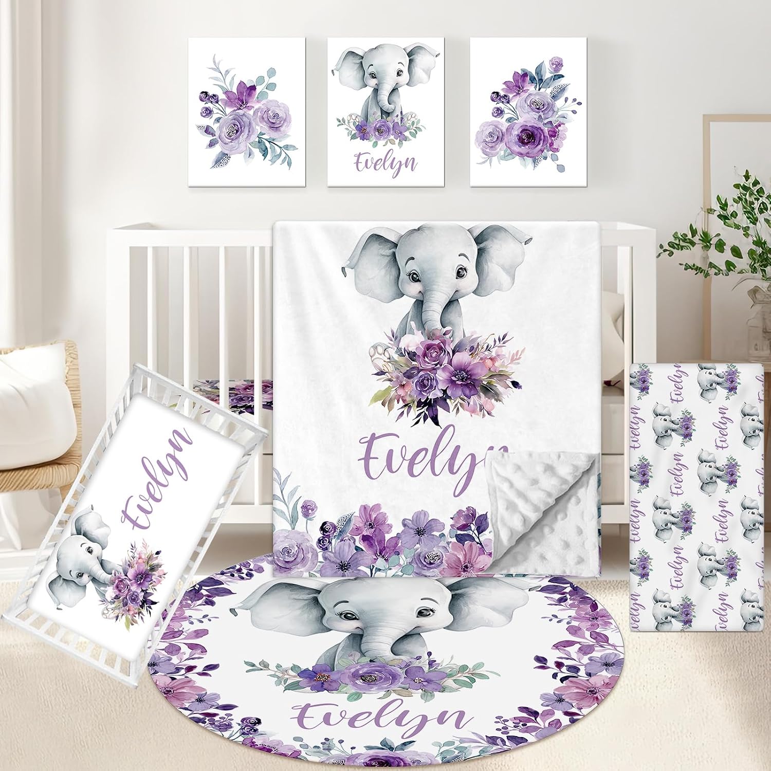 KAINSY Personalized Baby Crib Bedding Set, 5 Pcs Custom Baby Bedding Set with Name, Double Layer Baby Elephant Crib Set for Girls, Soft Flannel Nursery Bedding Set, Toddlers Infants New Parents Gift
