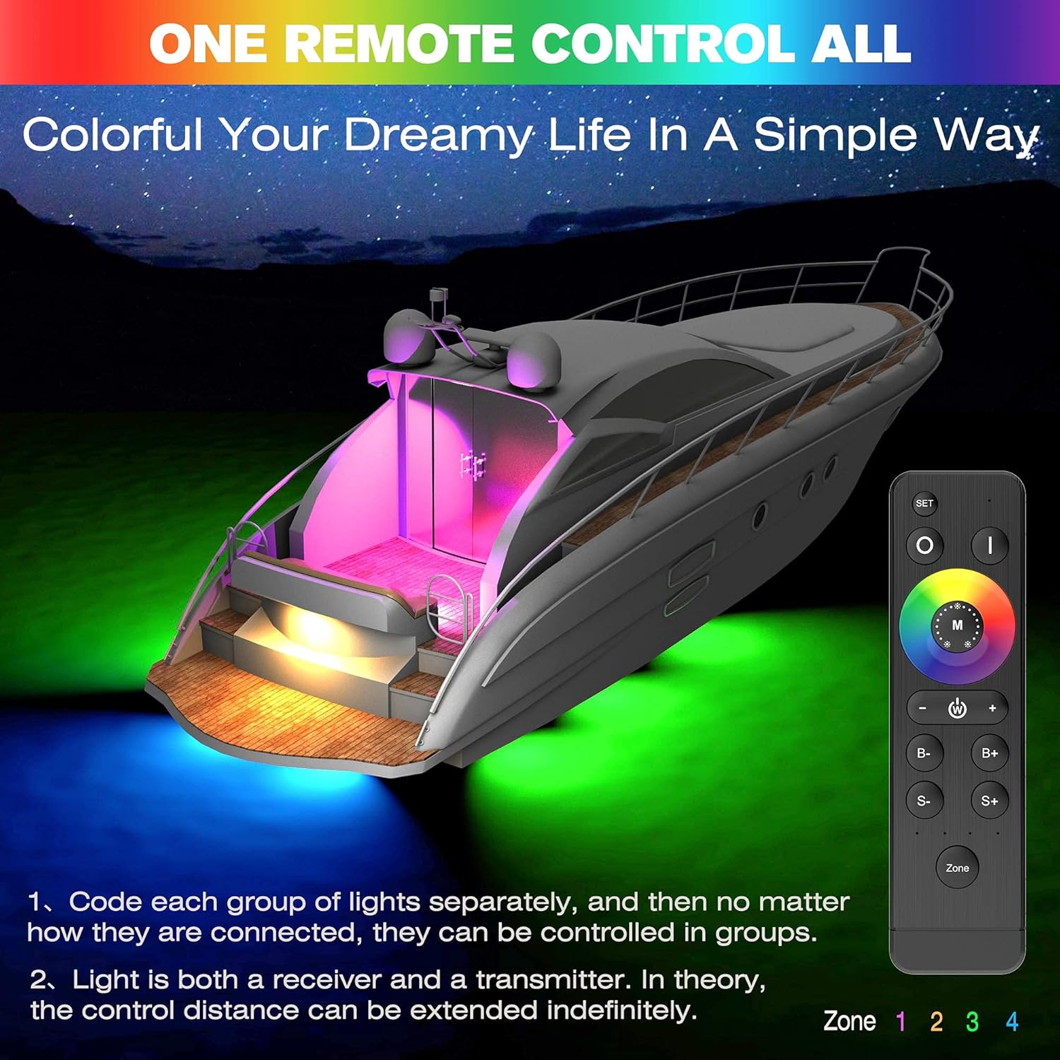 HUSUKU GT1 Underwater Boat LED Lights Marine Color Light Kit, 6.7' 2000LM RGB IP68 36LED 12V~24V 316 316 Stainless, Wireless Grouping & Control Auto Sync, Multi Color Light for Yacht Boat Deck Pontoon