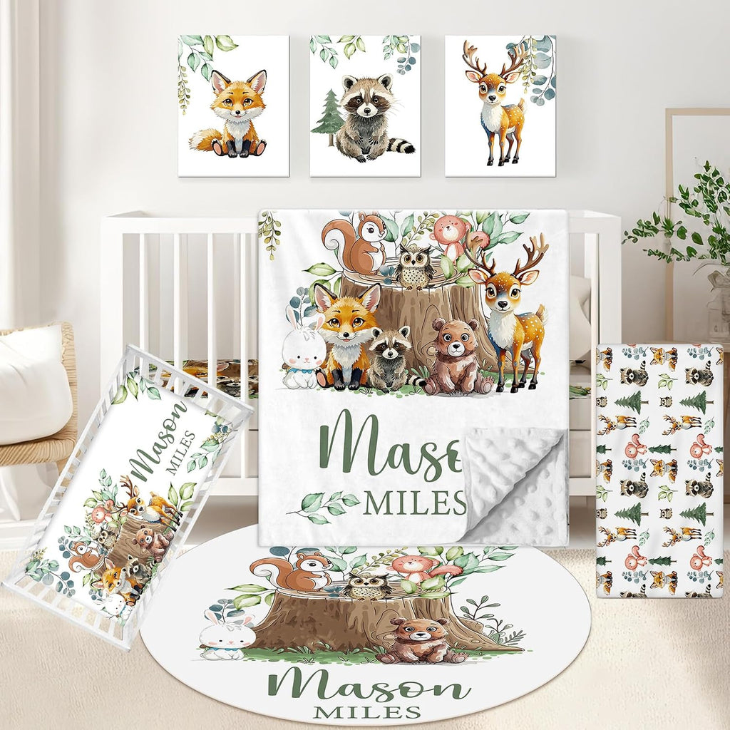 KAINSY Custom Crib Bedding Set 5 Piece for Girls Boys – Personalized Forest Animals Theme, Newborn Sleep Set, Nursery Decor, Toddler Room Essentials, Infant Sleep, Baby Room Accessories, Baby Gift