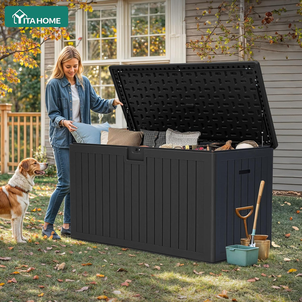 YITAHOME 220 Gallon Double-Wall Deck Box with Divider & Side Handles, Outdoor Large Storage for Patio Furniture Cushions, Garden Pool Accessories, Water Resistant & Lockable(Black)