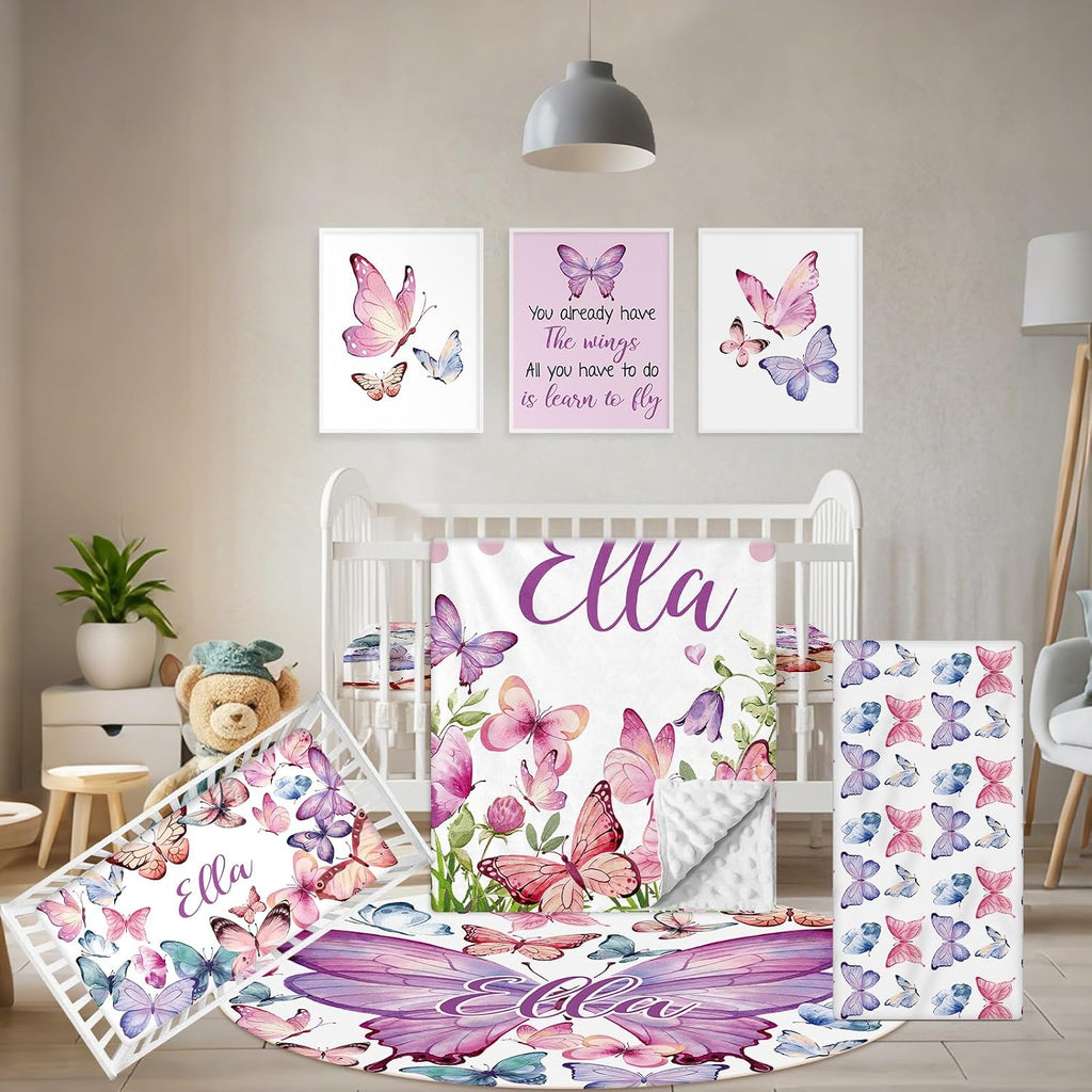 Terwex Personalized Baby Bedding Set, 5 Pcs Custom Infants Bedding Set with Infant Name, Double Layer Nursery Crib Set for Girls Boys, Customized Gifts for Toddler Baby Shower, Pink & Purple Butterfly