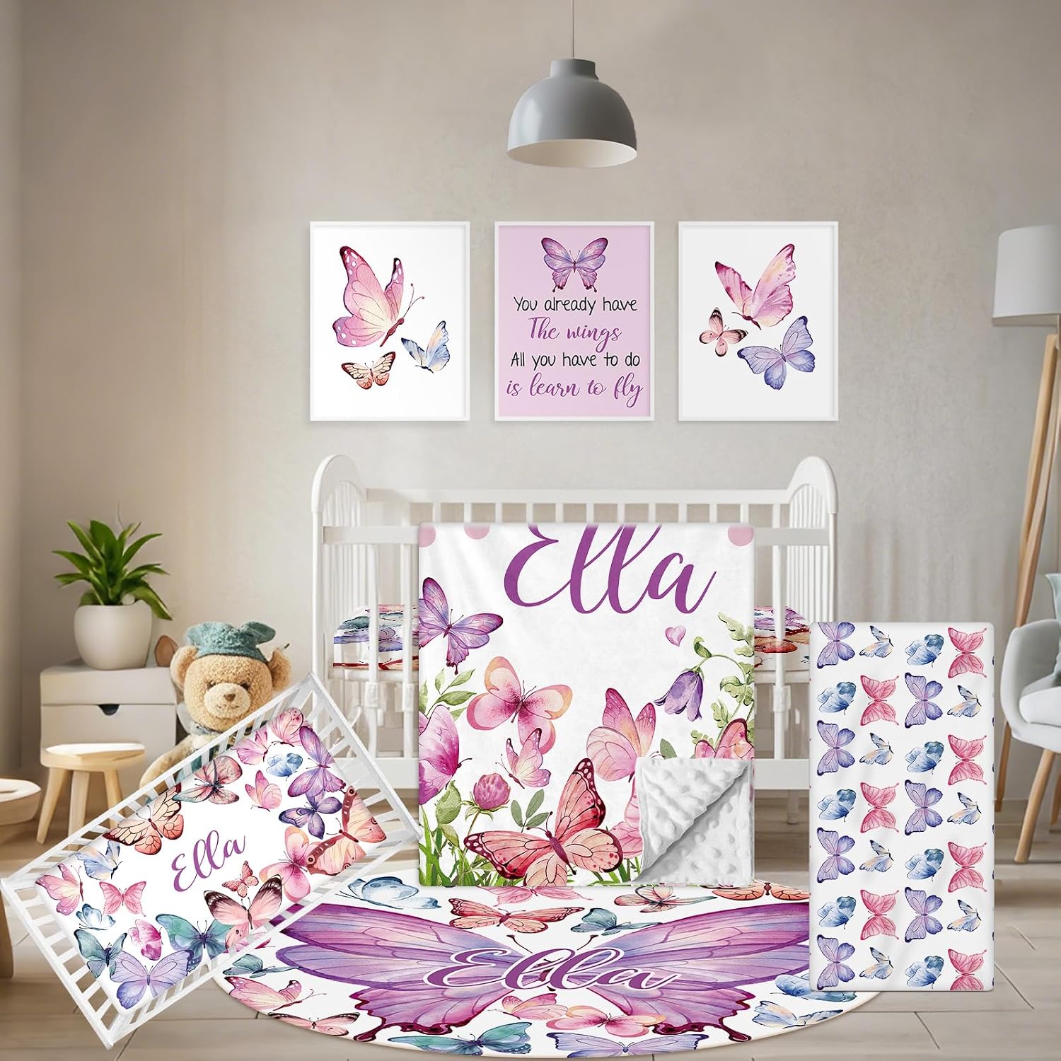 Terwex Personalized Baby Bedding Set, 5 Pcs Custom Infants Bedding Set with Infant Name, Double Layer Nursery Crib Set for Girls Boys, Customized Gifts for Toddler Baby Shower, Pink & Purple Butterfly