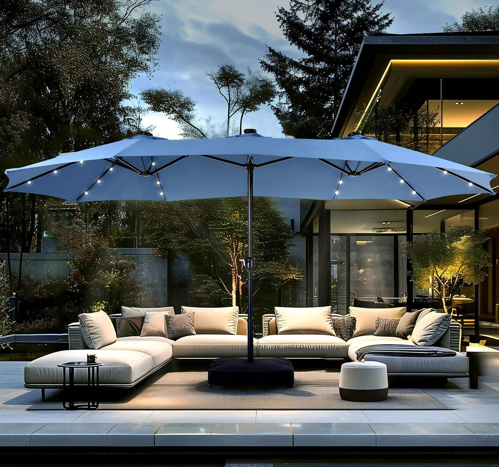 PHI VILLA 15ft Large Patio Umbrella with Solar Lights, Double-Sided Outdoor Market Rectangle Umbrellas with 36 LED Lights, Umbrella Base (Stand) Included, Haze Blue