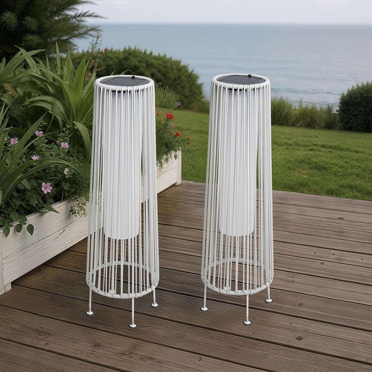 Grand patio Outdoor Floor Solar Light 2-Pack, Wicker Solar Patio Lamp Waterproof Outside Deck Lamp for Porch, Yard, Garden, Lawn Decorations - White, Gordes 2 PCS