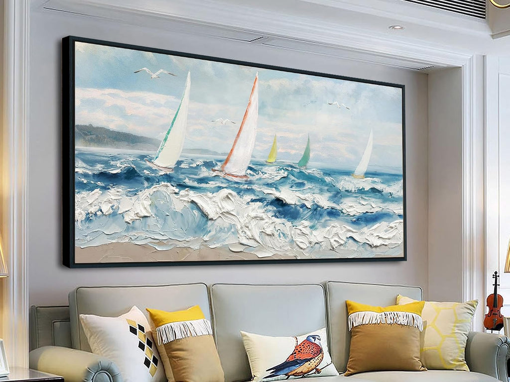 Enartly Extra 3D Textured Waves Sailboat Framed Wall Art, Ocean Coastal Beach Canvas Painting Nautical Artwork for Living Room Bedroom Dining Room Home Office Wall Decor, 58'x29'