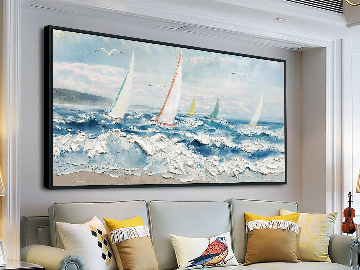Enartly Extra 3D Textured Waves Sailboat Framed Wall Art, Ocean Coastal Beach Canvas Painting Nautical Artwork for Living Room Bedroom Dining Room Home Office Wall Decor, 58'x29'
