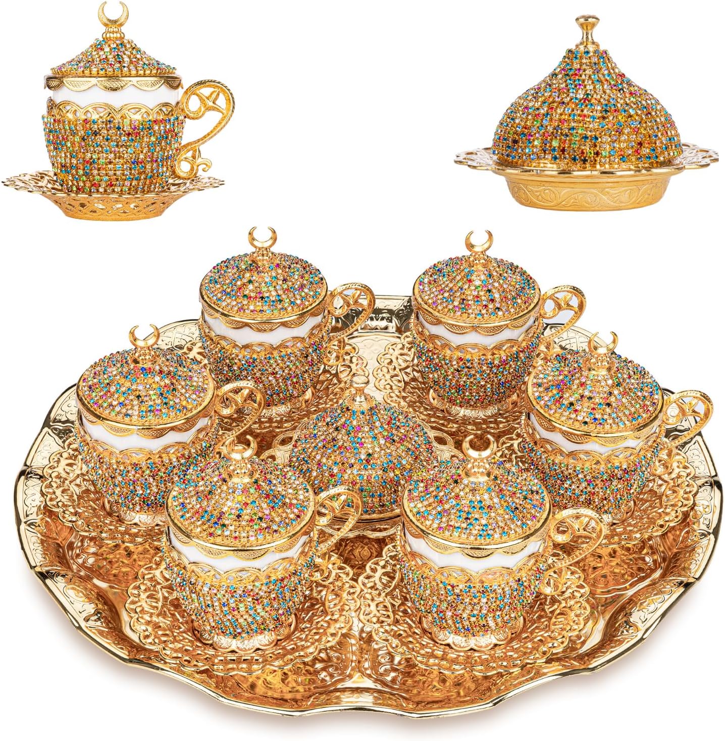Alisveristime 27 Pc Ottoman Turkish Greek Arabic Coffee Espresso Serving Cup Saucer Crystal Set (Gelincik) - Handcrafted Traditional Set with Hilal Motifs (Mix)