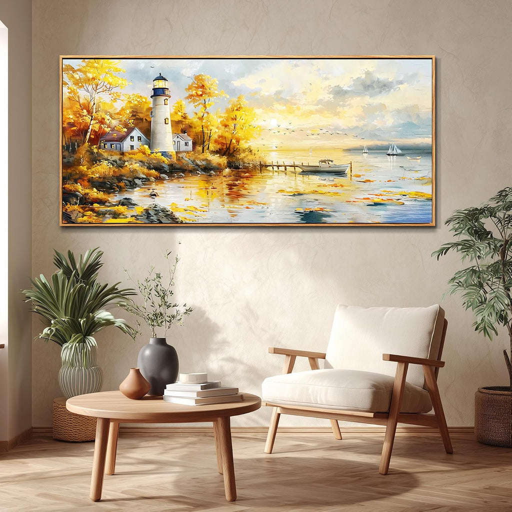 XIGUANGART Extra Large Wall Art for Living Room Modern Framed Coastal Beachy Canvas Wall Art Big Floral Sunrise Yellow Wall Picture Lighthouse Nature Sunset Artwork for Office Bedroom Decor 32x72 In
