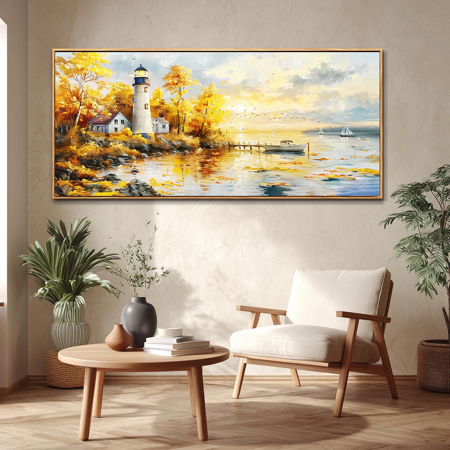 XIGUANGART Extra Large Wall Art for Living Room Modern Framed Coastal Beachy Canvas Wall Art Big Floral Sunrise Yellow Wall Picture Lighthouse Nature Sunset Artwork for Office Bedroom Decor 32x72 In