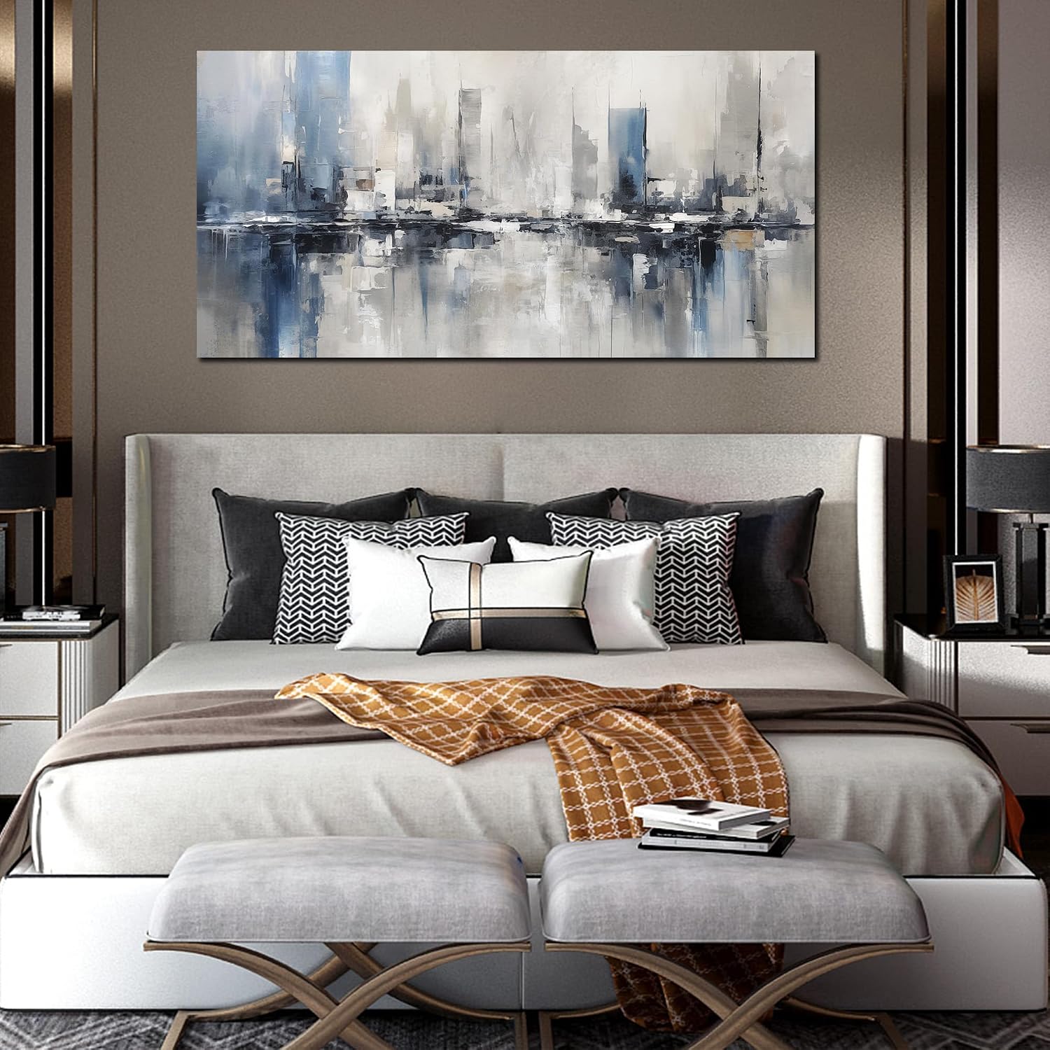 Blue Gray Abstract Cityscape Canvas Wall Art Decor Prints Large Canvas Wall Art for Living Room Modern Artwork Canvas Painting Wall Decor for Bedroom Home Office Wall Art Decor 29x58 inch
