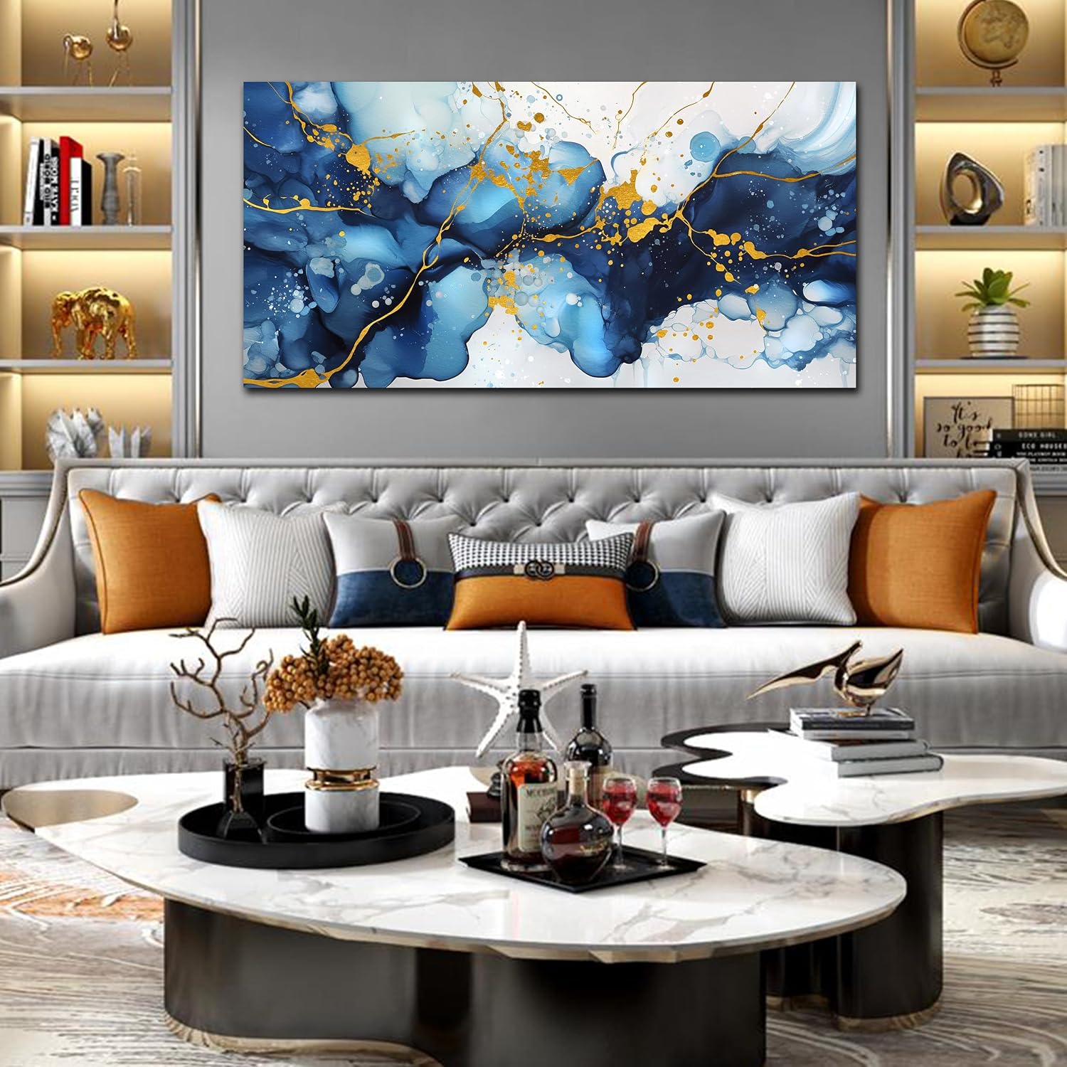 Abstract Canvas Wall Art for Office - Blue Pictures Wall Decor - Large Wall Painting for Living Room Ready to Hang Size 29' x 59'