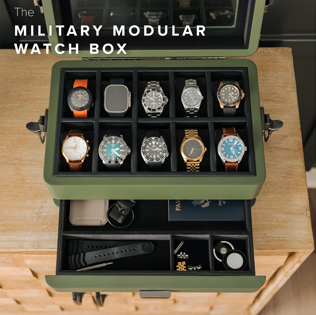 CASE ELEGANCE Military 10 Slot Watch Box Case Organizer for Men, Real Glass Top, Modular Valet Tray, Apple Watch Compatible with Apple Watch Stand, Accessory Drawer, Watch Pillow Stands