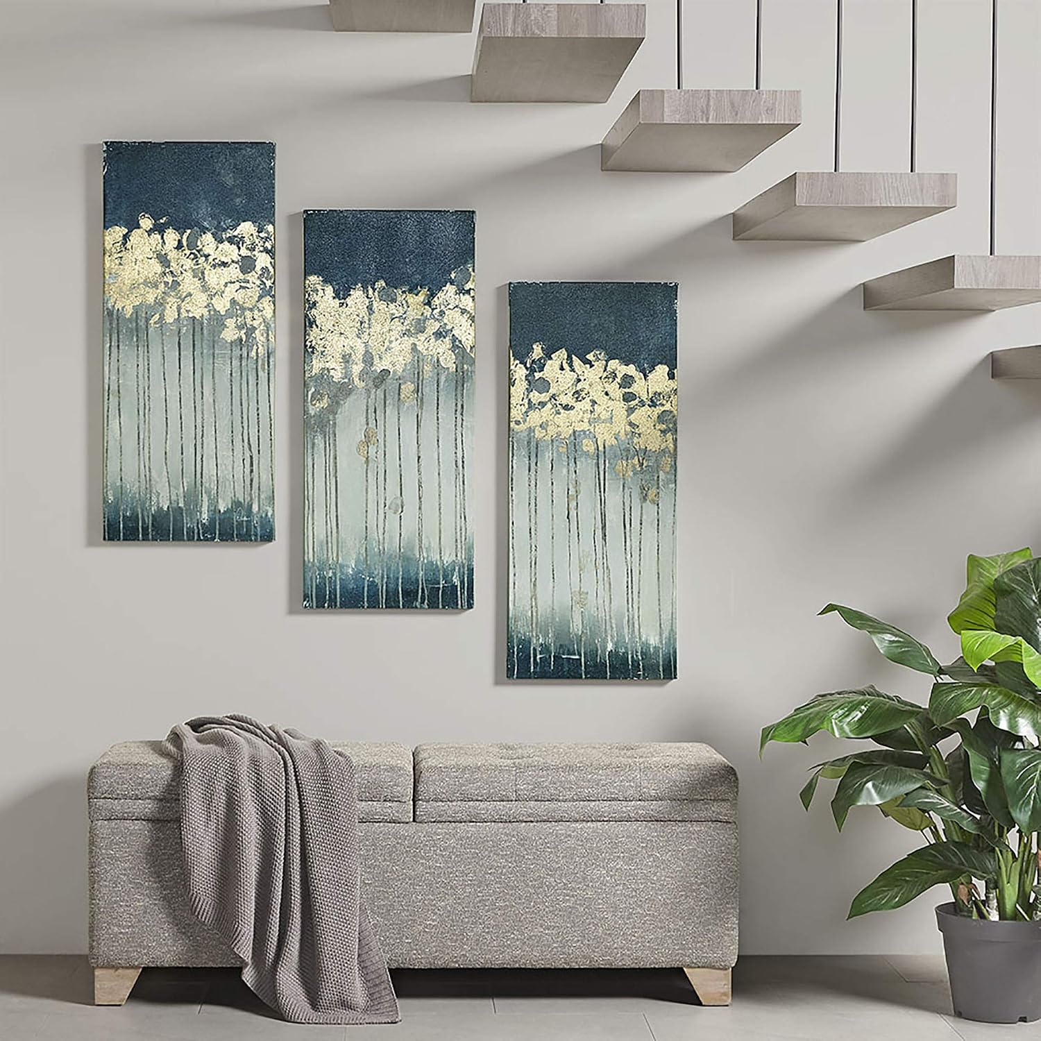 Madison Park Wall Art Living Room Decor - Embelished Gold Foil Triptych Canvas Home Accent Dining, Bathroom Decoration, Ready to Hang Painting for Bedroom, 15' x 35', Midnight Forest Blue 3 Piece