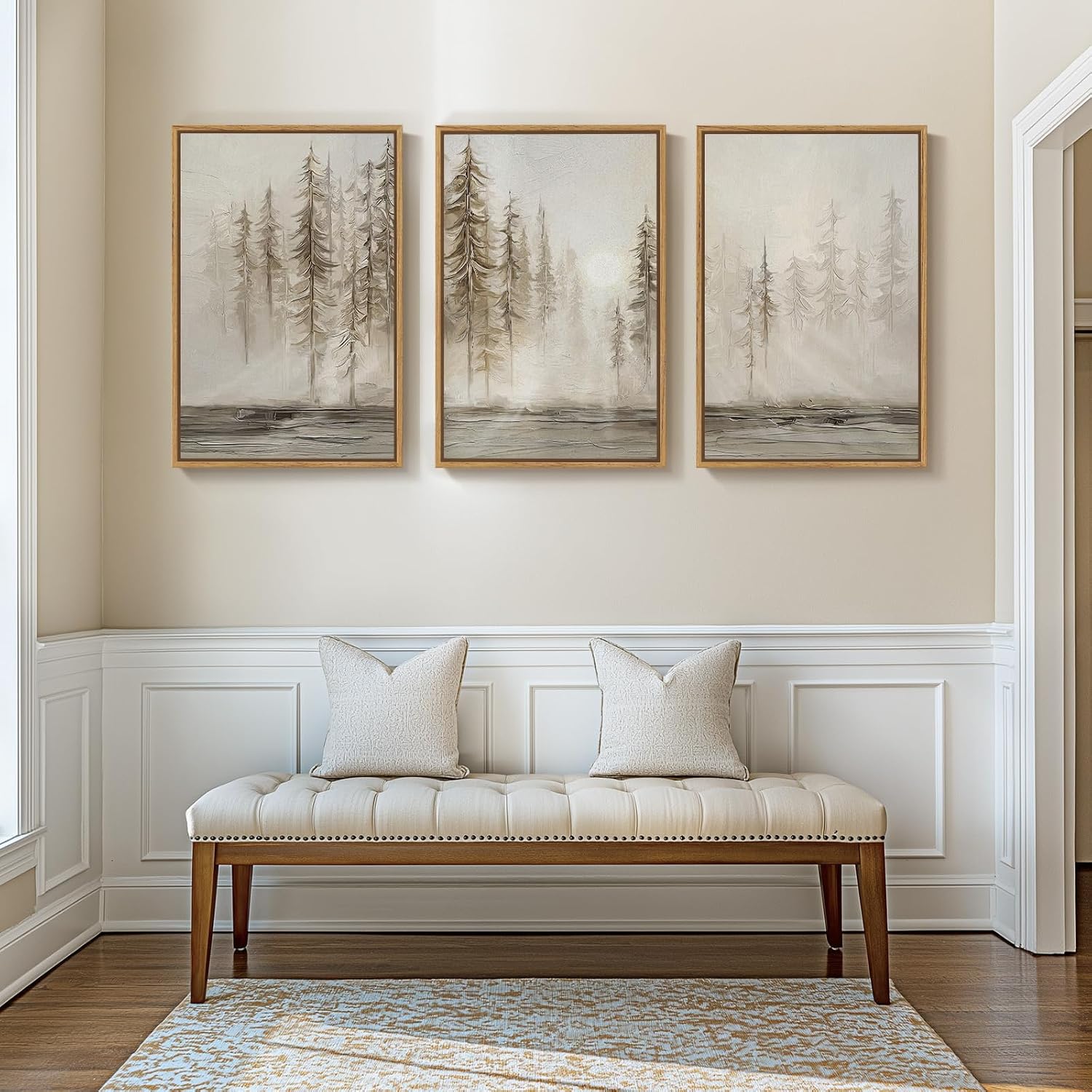 Large Framed Neutral Abstract Landscape Set of 3 Living Room Wall Art, Modern Misty Pine Forest Canvas Artwork for Walls, Beige Rustic Farmhouse Nature Wall Decor for Bedroom Hallway Office, 24x36 In