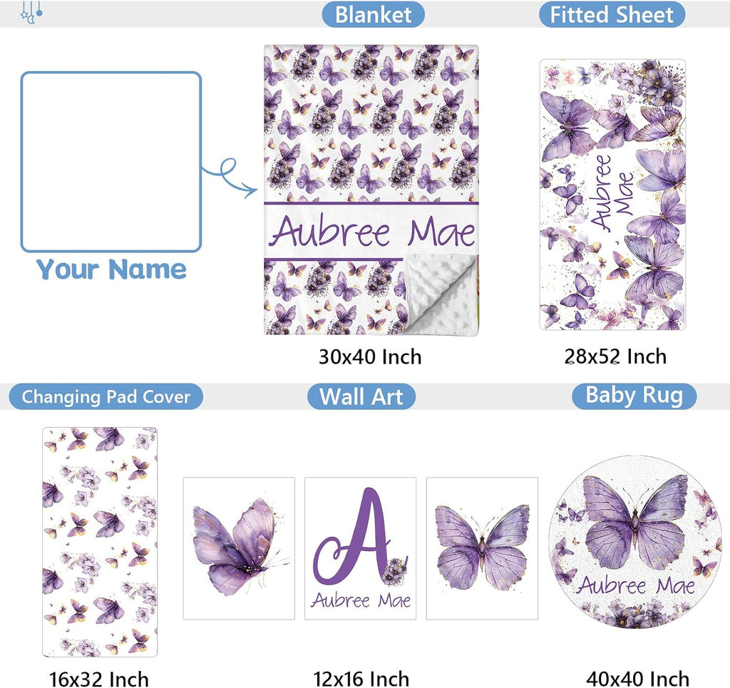 KAINSY Custom Crib Bedding Set 5 Pcs for Baby Girls – Personalized Purple Butterfly Theme, Newborn Sleep Set, Nursery Decor, Toddler Room Essentials, Infant Sleep, Baby Room Accessories, Baby Gift