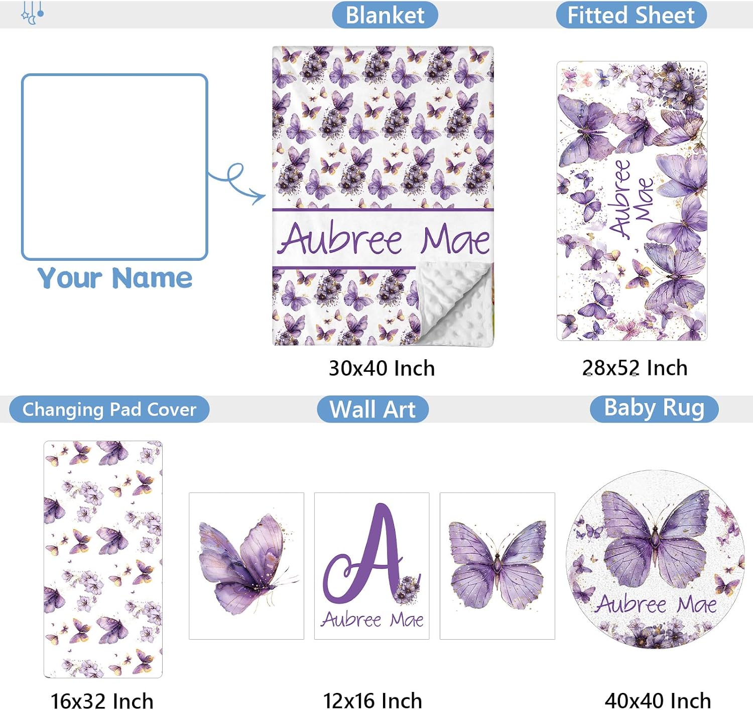 KAINSY Custom Crib Bedding Set 5 Pcs for Baby Girls – Personalized Purple Butterfly Theme, Newborn Sleep Set, Nursery Decor, Toddler Room Essentials, Infant Sleep, Baby Room Accessories, Baby Gift