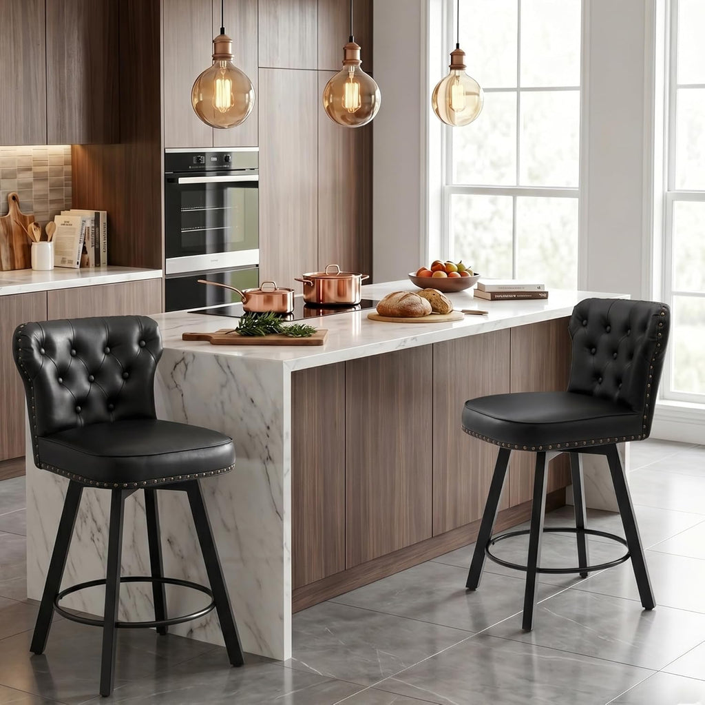 Counter Height Bar Stools Set of 2, 26' Mid-Century Swivel Bar Stool with Metal Base for Kitchen Island, Rivet Armless Faux PU Leather Barstool with High Back and Large Thick Cushion, Black