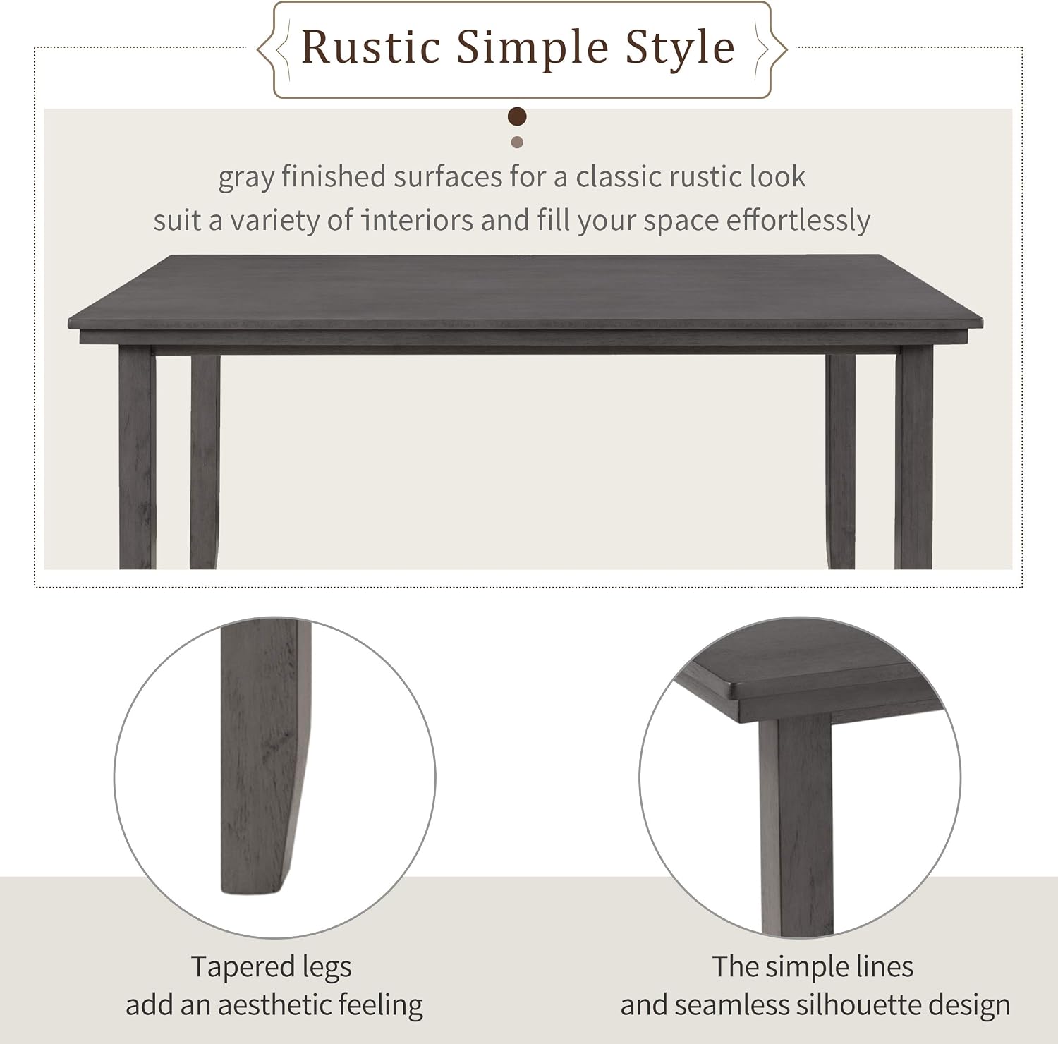 Wood Dining Table Set with Bench and 4 Chairs, 6 Piece Dining Room Table Set for 6 People, Rustic Style Kitchen Table Set (Gray+Cushion seat)