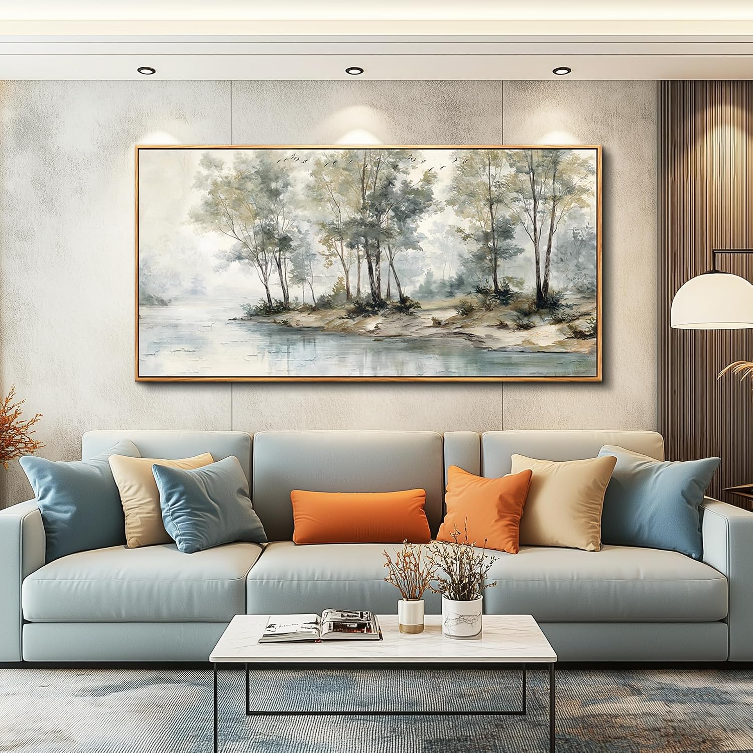 Wapluam Tree Wall Art Large Painting Modern Abstract Canvas Art Lakeside Landscape Pictures Forest Nature Artworks Decoration Framed For Living Room Bedroom Fireplace Home Office Hang Wall Decor