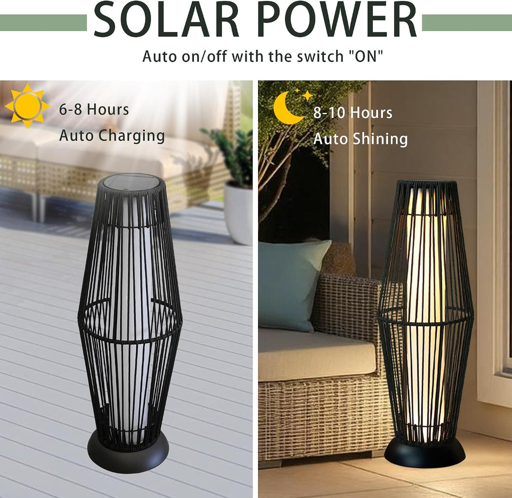TRIROCKS Outdoor Floor Lamp 2 Piece Solar Powered Lantern Wicker Solar Patio Lamp with Olifen Rope Waterproof Rattan Outside Solar Deck Light for Patio Garden Lawn Yard (Black)
