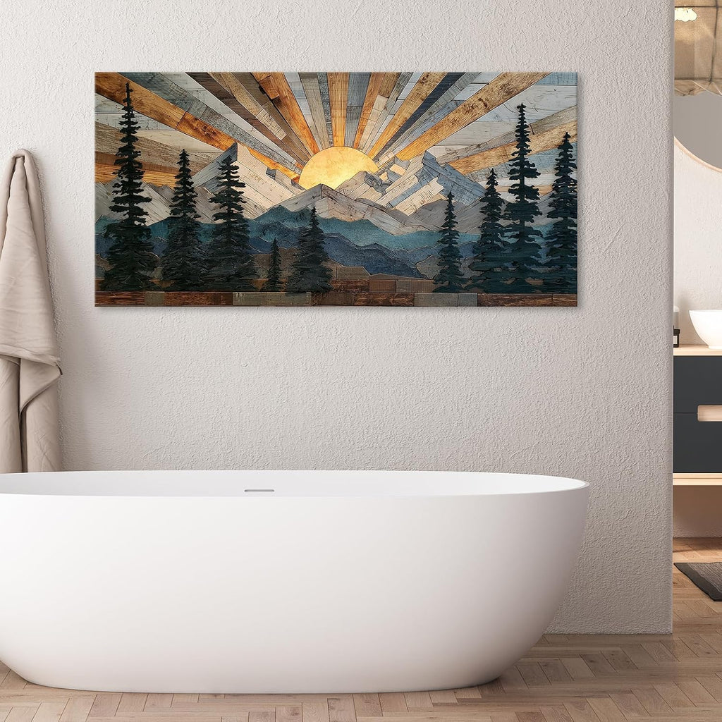 Boho Rustic Farmhouse Mountain Wall Art Sunrise Pine Tree Forest Nature Scenery Paintings Pictures Wall Decor Wood Texture Landscape Canvas Prints Artwork for Living Room Bedroom Home Office 28' x 58'