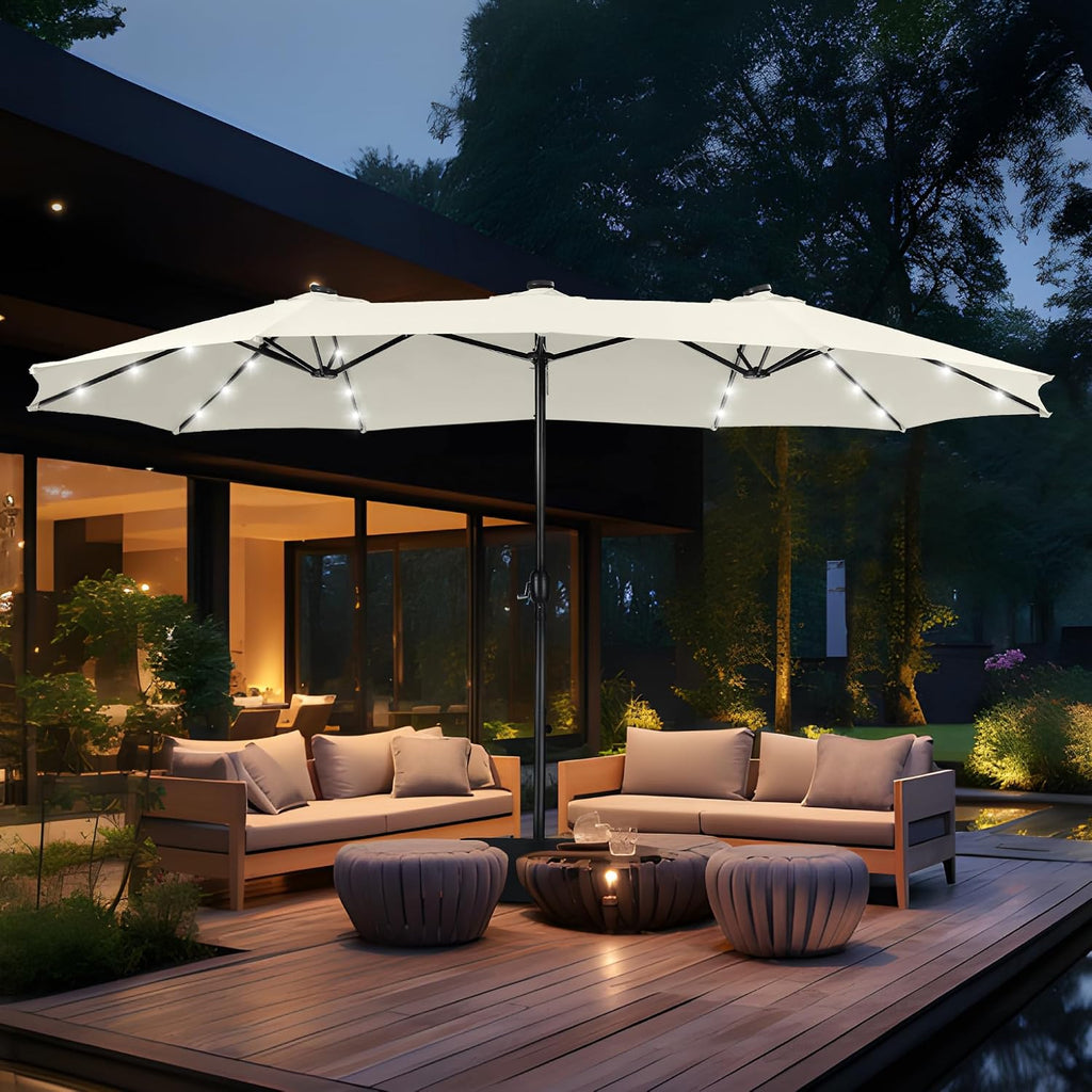 MFSTUDIO 15ft Double Sided Patio Umbrella with Solar Lights, Outdoor Large Umbrellas with Crank Handle and 36 LED Lights, Rectangular Market Umbrella with Base Included for Deck Pool Shade, Ivory
