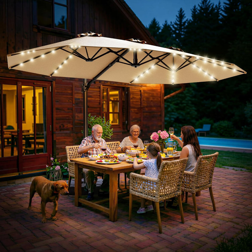 HOMSHADE 15FT Cantilever Double-Sided Umbrella with Solar Light and Base, Rectangle Oversized Offset Patio Umbrellas, Extra Large Outdoor Umbrella for Pool, Deck, Garden (Beige)