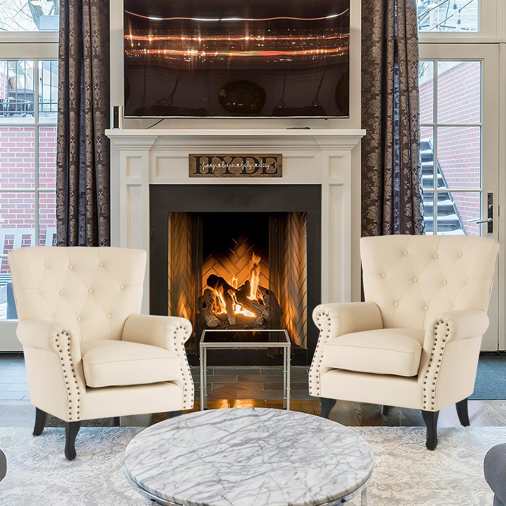MOJAY PU Leather Accent Chair, Mid-Century Modern Armchair Living Room Club Chair with Tufted Button & Rivet Trim, Upholstered Sofa Chair with Sturdy Wood Legs for Bedroom (Ivory White)