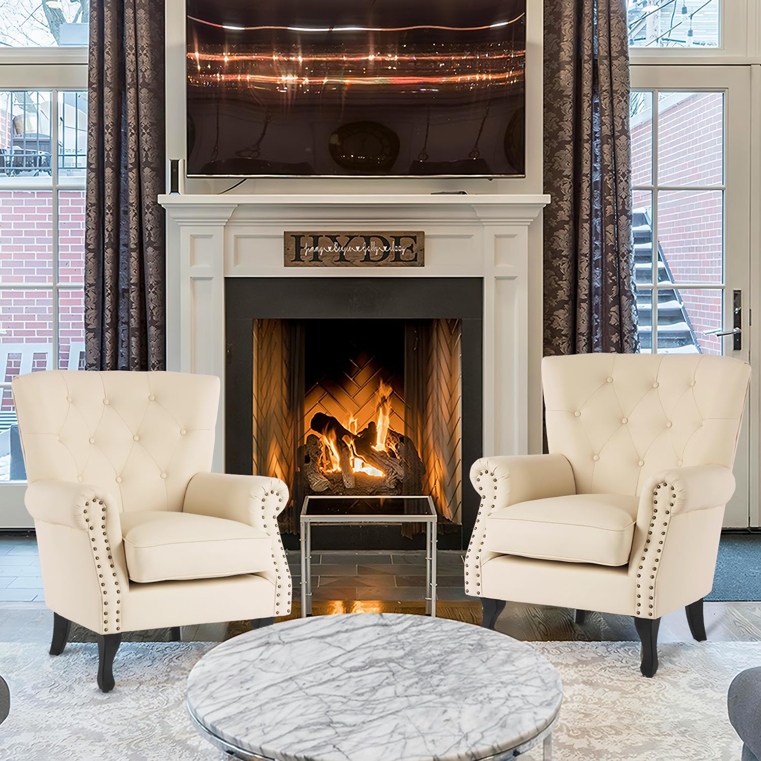 MOJAY PU Leather Accent Chair Set of 2, Modern Armchair Living Room Chair, Upholstered Club Chair with Rivet Trim, Mid-Century Sofa Chair with Sturdy Wood Legs for Bedroom (Ivory White)