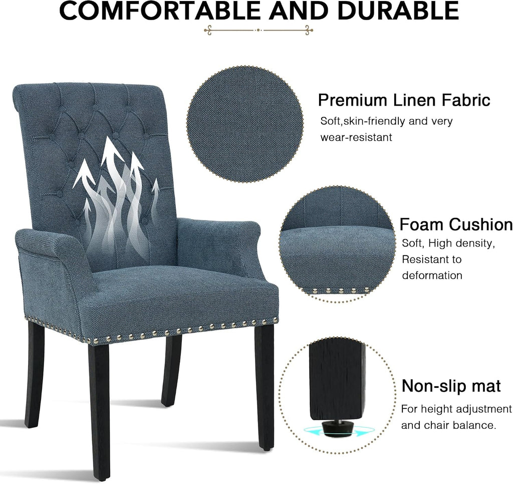 LOULENS Fabric Dining Chairs, Upholstered Tufted Armrest Chairs, Accent Chairs with Nailhead Trim, Black Solid Wood Legs for Home, Kitchen Living Room, Light Blue