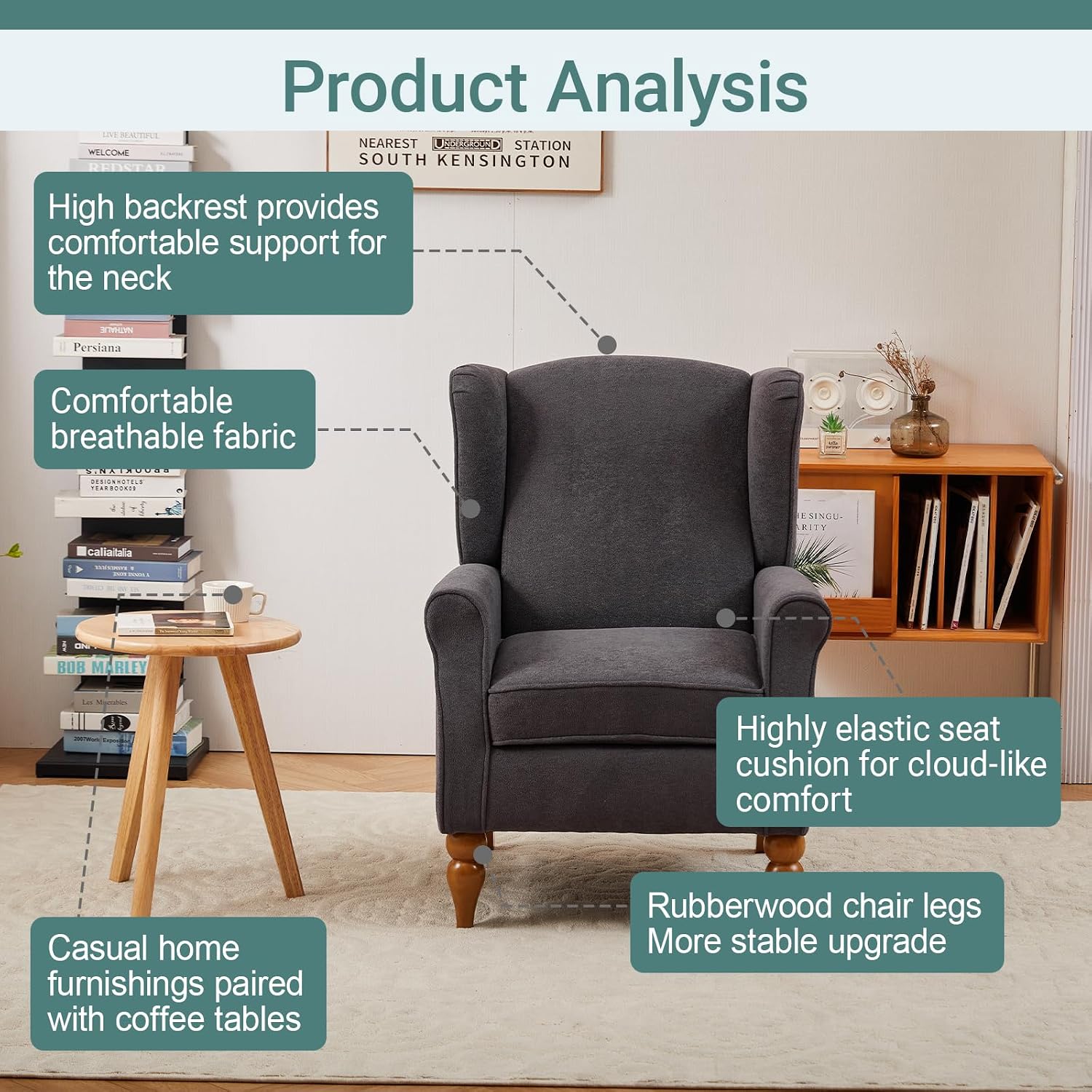 Mid-Century High Wingback Chair Set of 2,Modern Fabric Accent Chair Armchair with Solid Wood Coffee Table Set,Leisure Single Sofa Chair for Living Room,Club,Home Reception,Antique Dark Grey