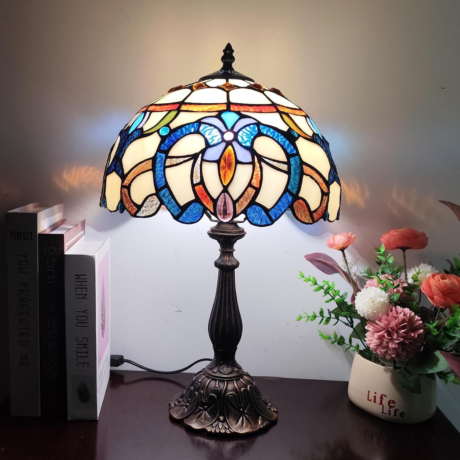 Tiffany Style Table Lamp Yellow Baroque Style Stained Glass Lamp, 12 Inch Antique Bedside Nightstand Light Home Decor for Bedroom Living Room, Included LED Bulb