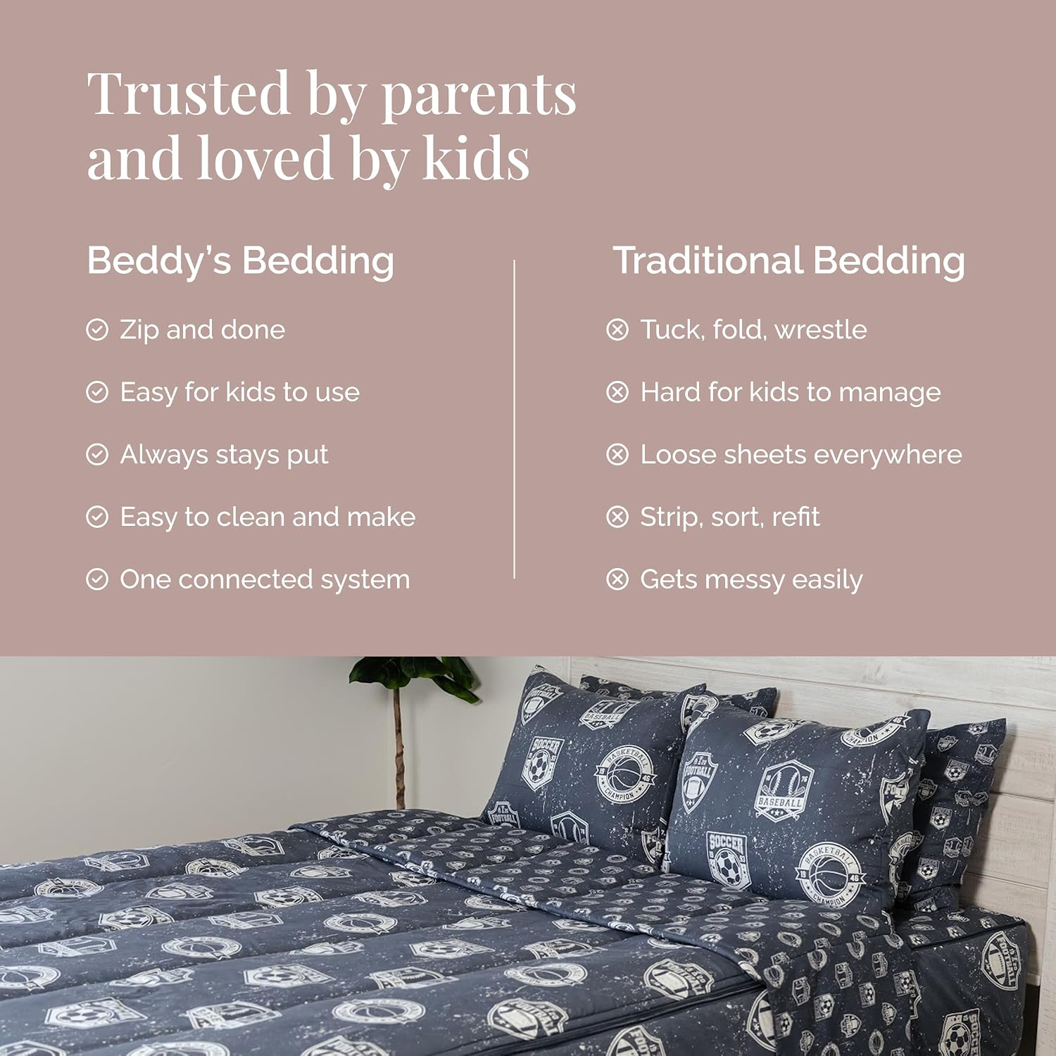 Beddy's Sports Theme Durable Zipper Bedding for Kids - Bed in a Bag - Blue Sheets with Baseball, Football, Basketball, Soccer Comforter - Includes Pillowcase & Sham - Easy to Make & Wash - Full