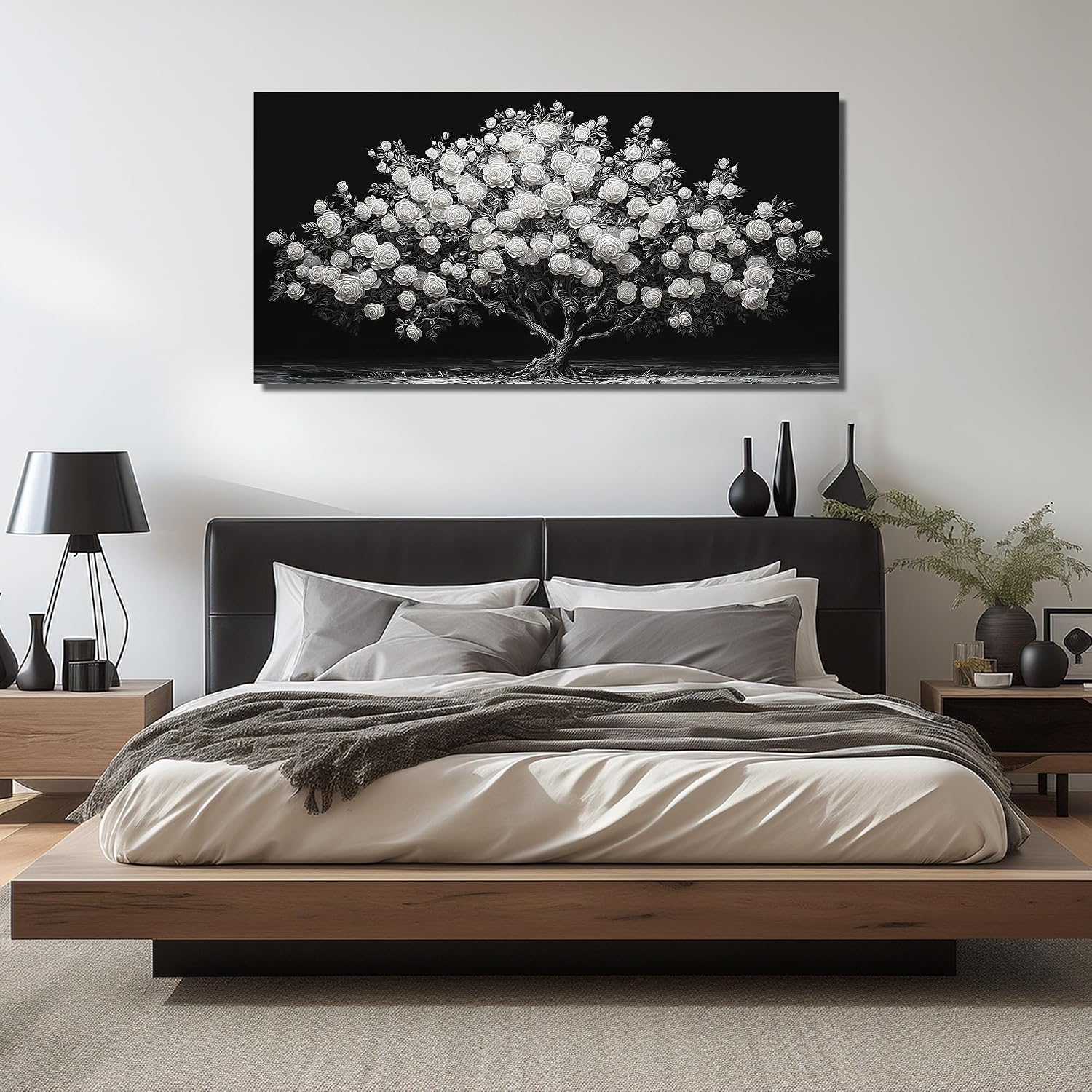 JuhaiArt Tree Painting Canvas Bedroom Black Poster Floral Wall Decor White Rose Wall Picture for Living Room Home Office 29'x 59'