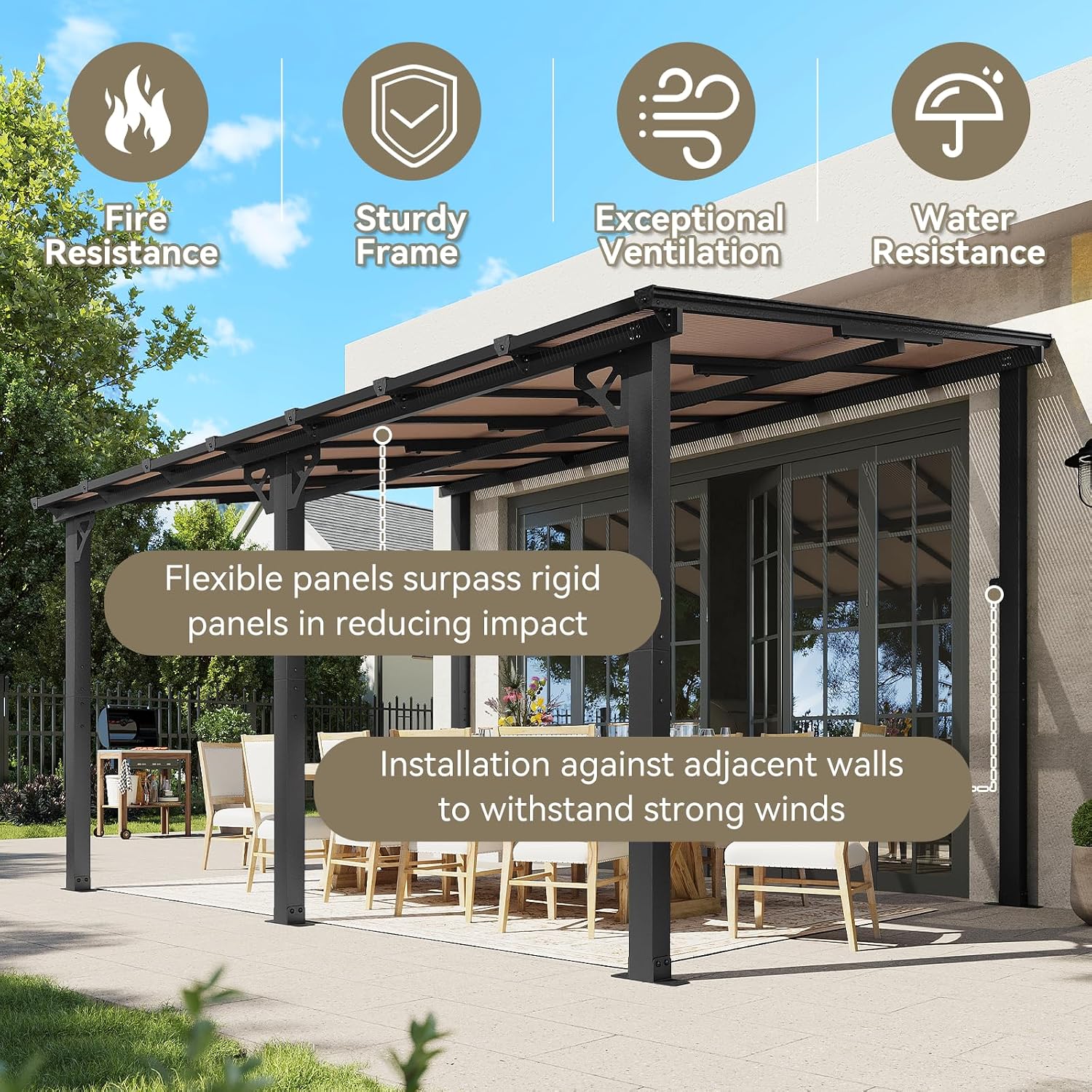 Aoxun 14' x 10' Gazebo for Patio, Lean to Gazebo Pergola with Sloped Roof, Large Wall-Mounted Heavy Duty Awnings, for Backyard, Deck, Patio