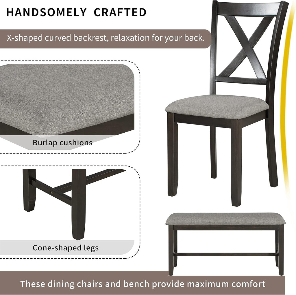 6-Piece Dining Room Table Set, Rustic Farmhouse Wood Dining Table Set with Rectangular Table 4 Upholstered Padded Chairs and 1 Padded Bench, Dining Set for Family of 4-6 People (Espresso)