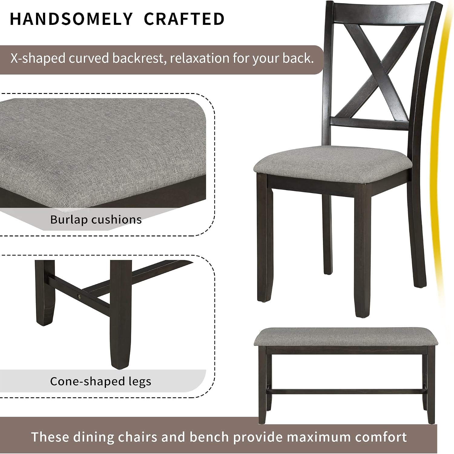 6-Piece Dining Room Table Set, Rustic Farmhouse Wood Dining Table Set with Rectangular Table 4 Upholstered Padded Chairs and 1 Padded Bench, Dining Set for Family of 4-6 People (Espresso)