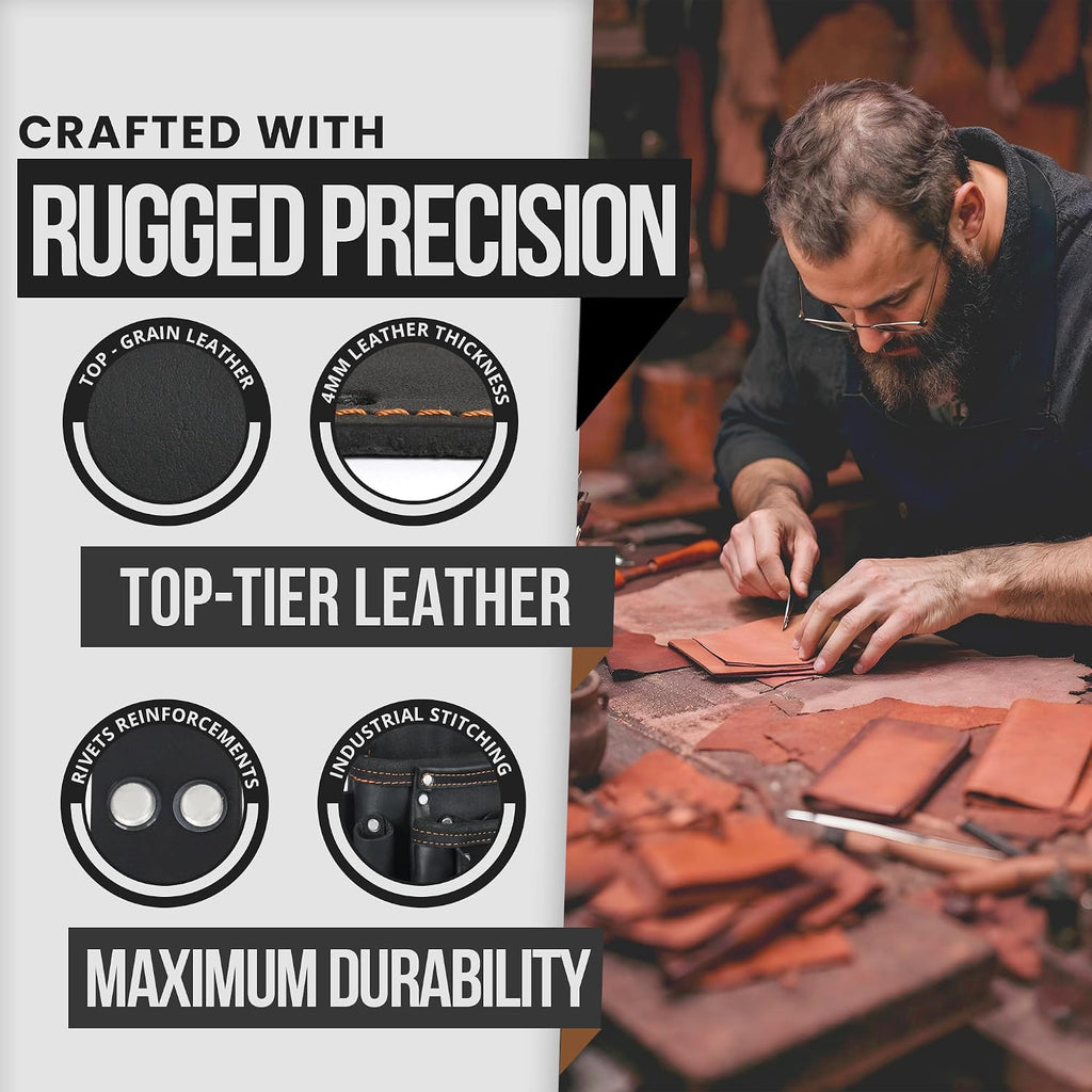 Daisy Leather PRO DL-101 Oil tanned Premium 25 pockets Heavy duty Tool Belt, Carpenter belt Pouch for Construction, Carpenter, Craftsman and Electricians workers, Black, X-Large
