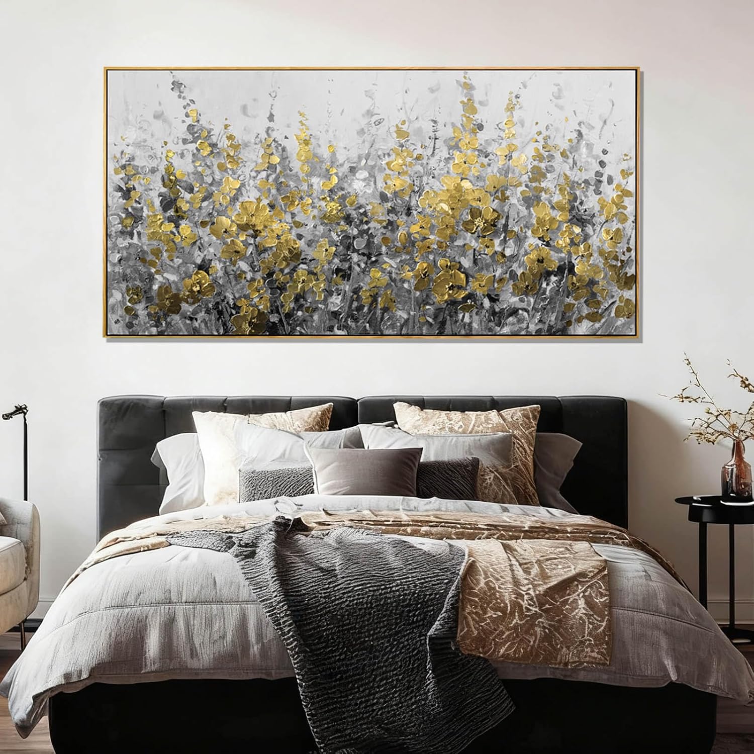 Framed Gold and Grey Abstract Flower Canvas Wall Art 24x48 Inch Textured Floral Painting Modern Decorative Artwork for Living Room Bedroom Office