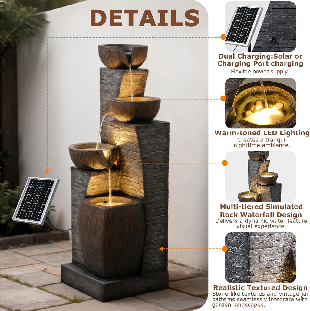38.2' Tall Solar Water Fountain Outdoor Garden,4 Tiers Modern Cascading Bowls and Stacked Stones Solar Powered Fountains with LED Lights for Garden, Patio, Deck, Porch, Backyard, Lawns